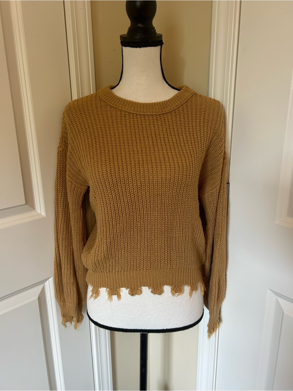 True Craft Distressed Crewneck Sweater in Camel Brown
